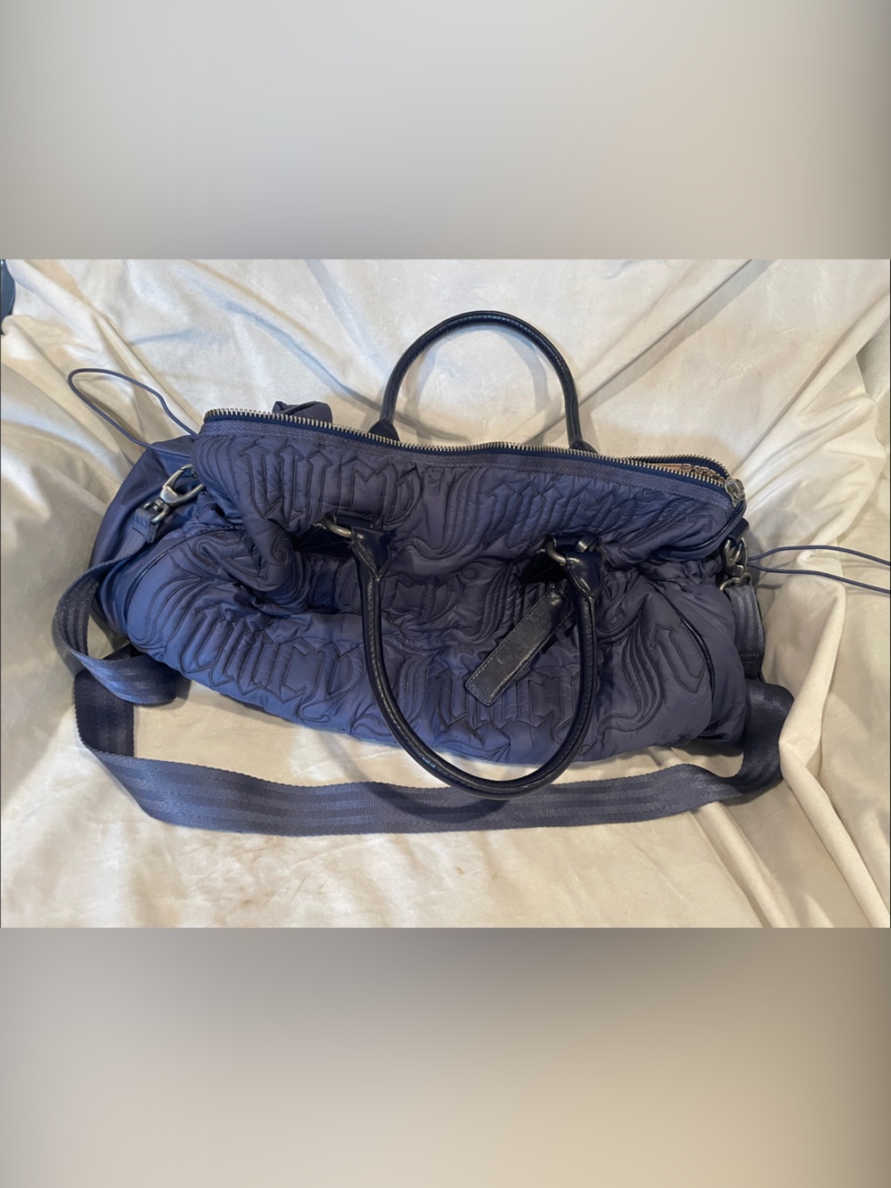 Y2K Juicy Quilted Navy Duffle Bag with Top Handles and Shoulder Strap B138